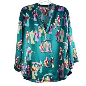 Natori Geisha Print Green Blouse L